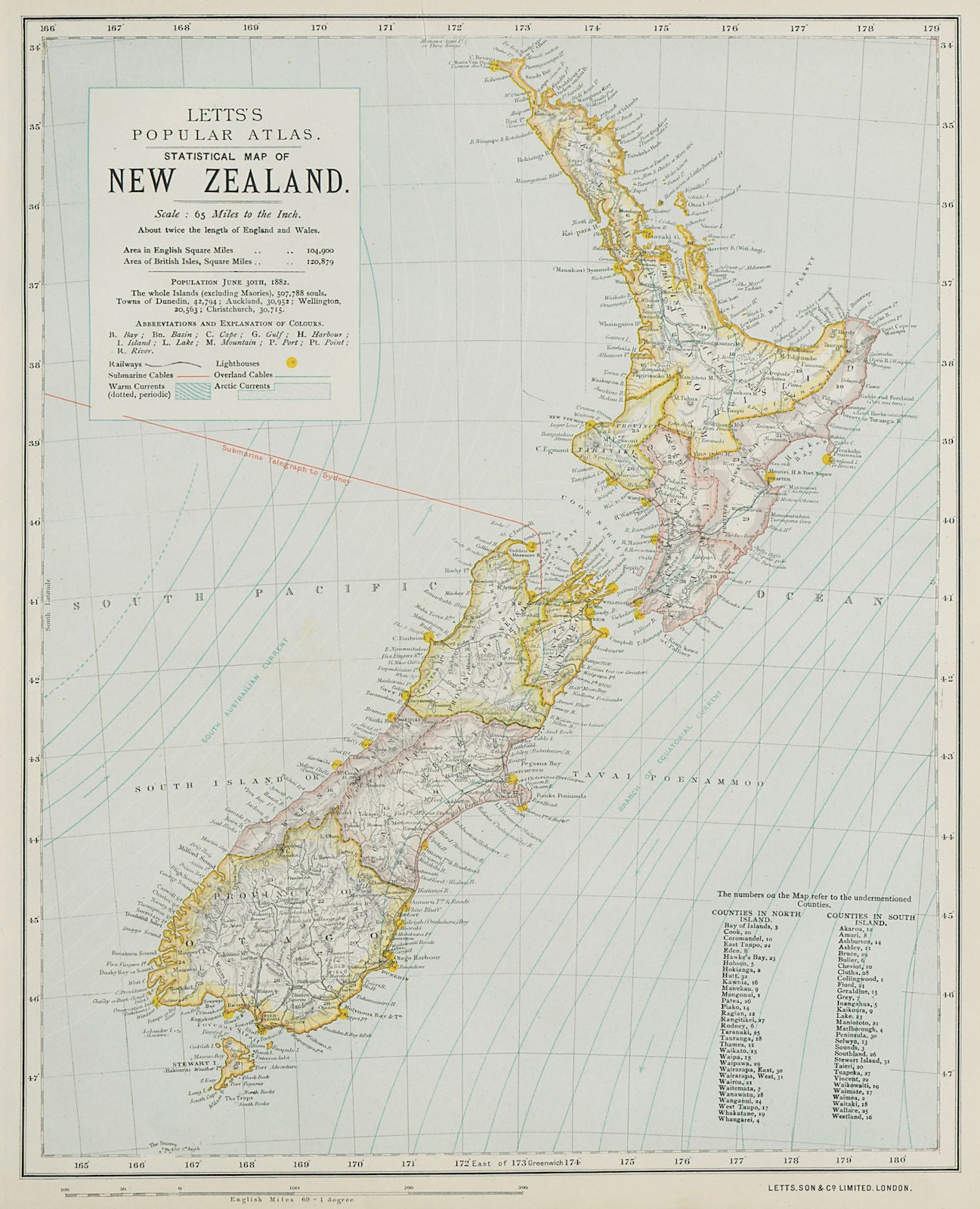 NEW ZEALAND Lighthouses railways telegraph cables ocean currents. LETTS 1884 map